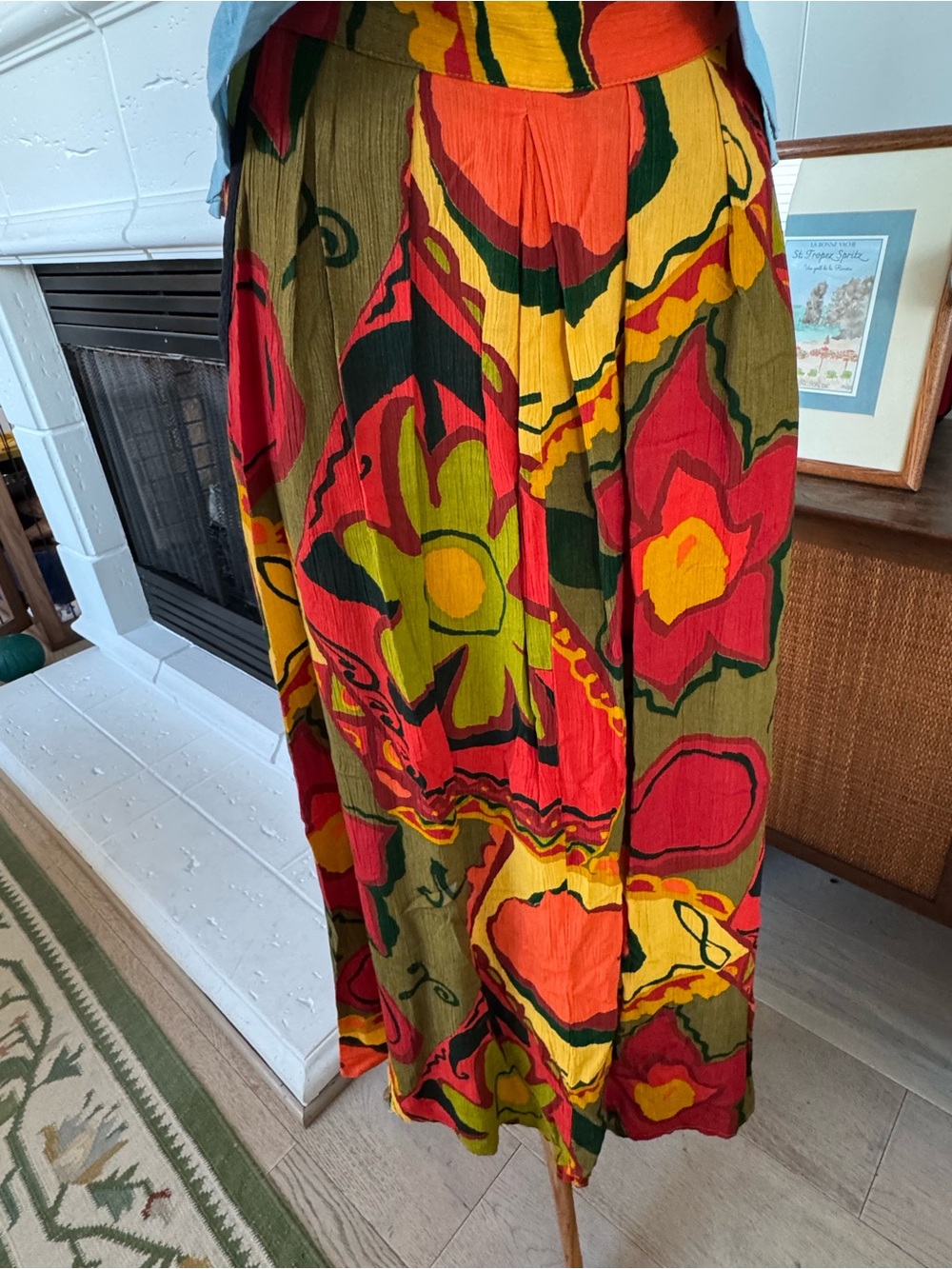 Vibrant Vintage Floral Maxi Skirt in Olive, Red & Yellow